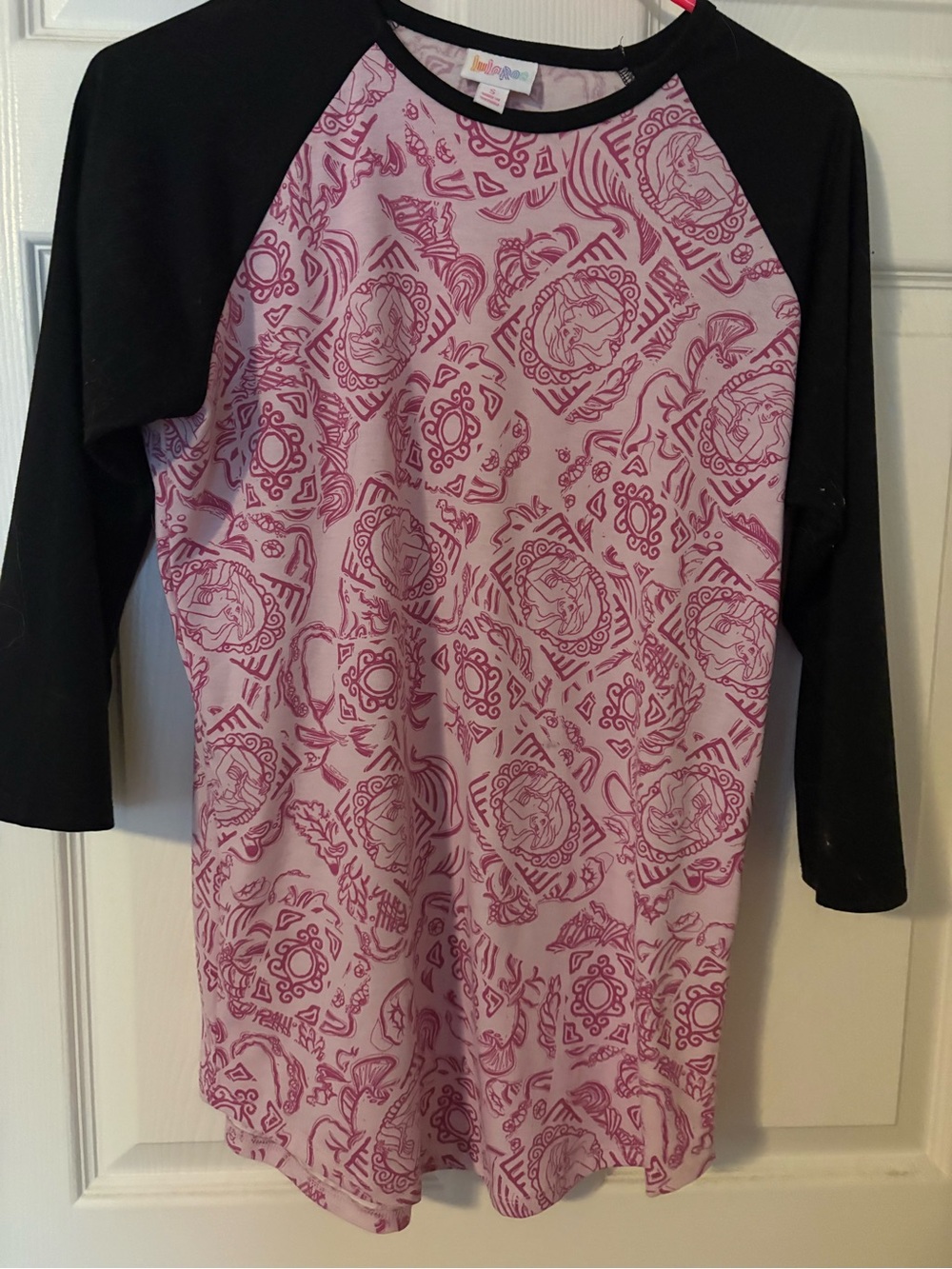 LuLaRoe Disney Ariel Pink Printed Raglan top with Black Sleeves